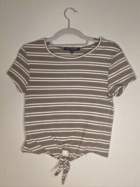 Striped Tie-Front Crop Tee - Taupe/White